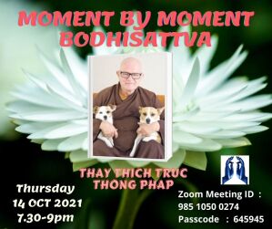 Poster for the event with a picture of Thay wearing robes and holding holding two dogs