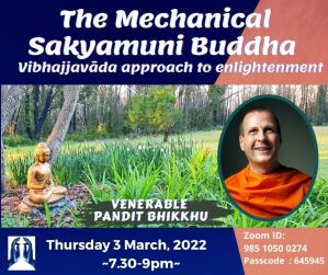 Poster for the event with a Buddha statue amongst grass and trees