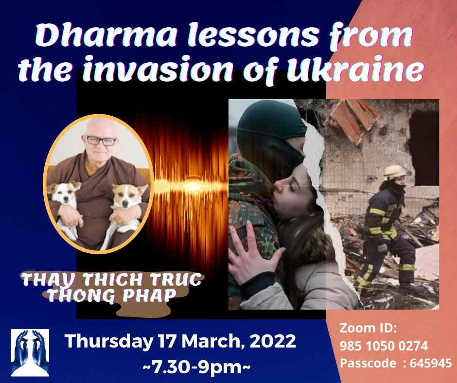 Poster for the event with an image of Thay as well as images from the war in Ukraine