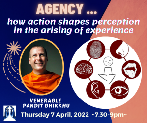 Poster for the event with an image of Bhante Pandit and a diagram of the six sense bases