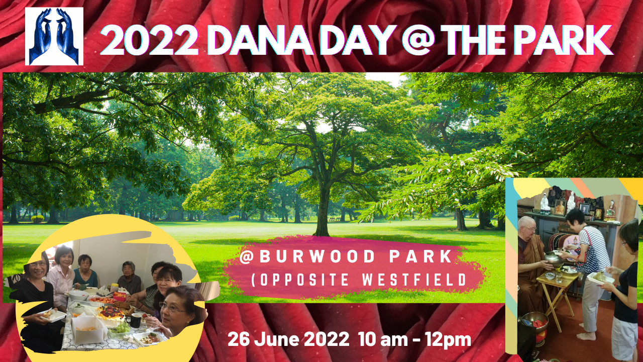 Poster with images of a park and of people giving dana or generosity to Bhante Tejadhammo